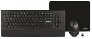 SVEN KB-C3800W, Wireless, Keyboard & Mouse & Mouse Pad, 2.4GHz, Multimedia Keyboard (104 keys, 12Fn-keys) + Mouse (5+1 keys (scroll wheel), 800/1200/1600dpi), Nano receiver, USB, Black, Rus/Ukr/Eng