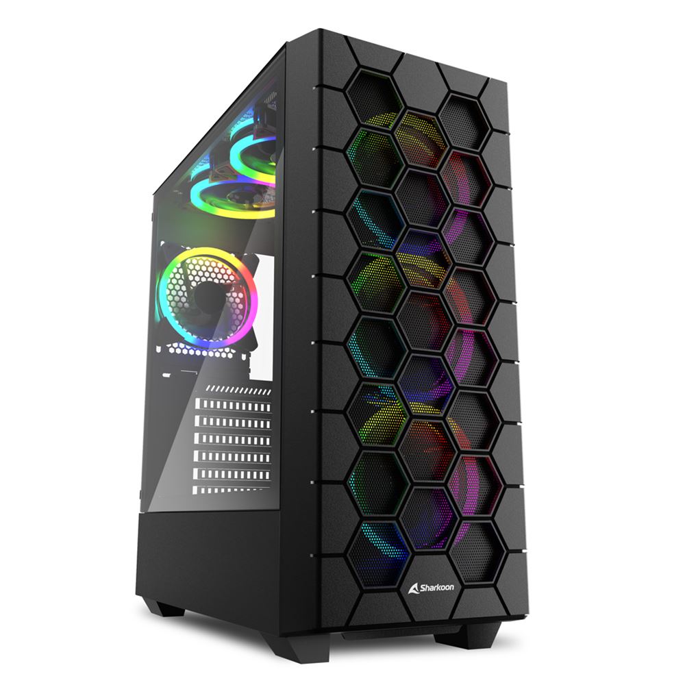 Sharkoon RGB HEX Black  ATX Case, with Side Panel of Tempered Glass, without PSU, Tool-free, 3D Hexagon Design Mesh Front Panel, Pre-Installed Fans: 6x120mm A-RGB Ring LED, ARGB Controller, 2x3.5" / 6x2.5", 1xTypeC, 2xUSB3.0, 1xHeadphones, 1xMic, 3xRemova photo 1