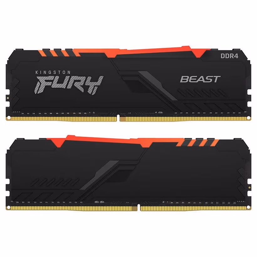 32GB (Kit of 2*16GB) DDR4-3733 Kingston FURY® Beast DDR4 RGB, PC29800, CL19, 1Gx8, 1.35V, Auto-overclocking, Asymmetric BLACK low-profile heat spreader, Dynamic RGB effects featuring HyperX Infrared Sync technology, Intel XMP Ready (Extreme Memory Profi