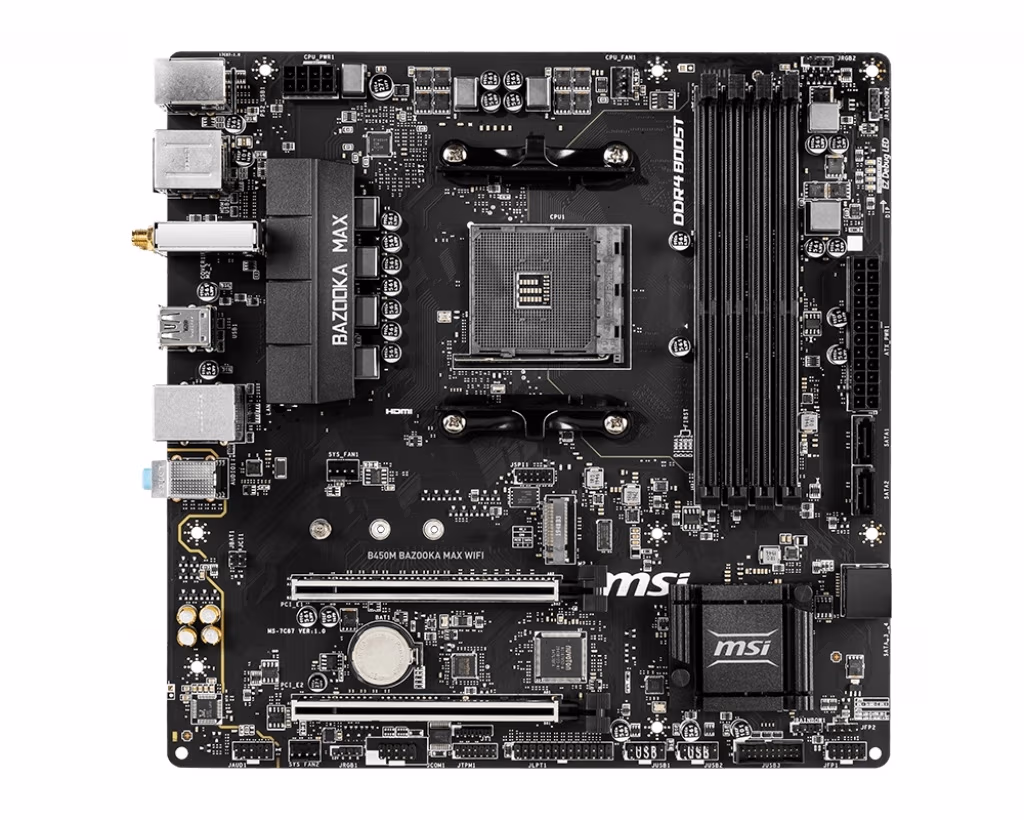 MSI B450M BAZOOKA MAX WIFI, Socket AM4, AMD B450, Dual 4xDDR4-4133, APU AMD graphics, HDMI, 2xPCIe X16, 4xSATA3, RAID, 1xM.2 slot, ALC892 HDA, GbE LAN, Wi-Fi/BT, 6xUSB3.1, MSI Mystic Light, mATX 