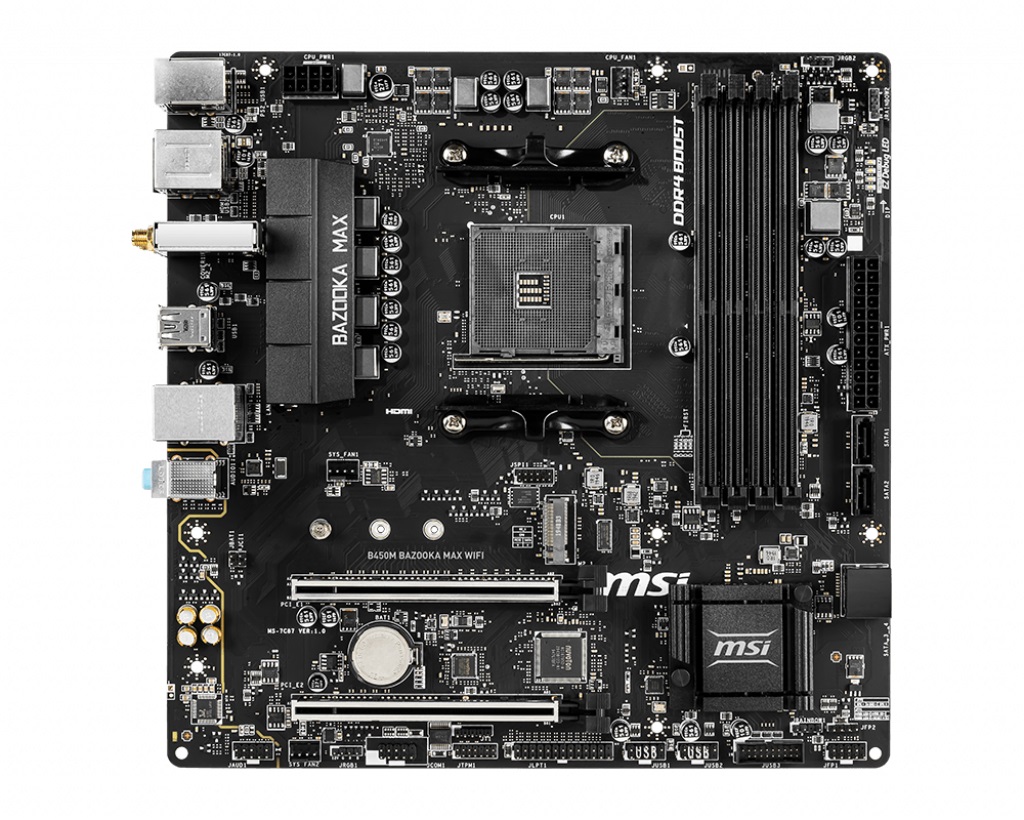 MSI B450M BAZOOKA MAX WIFI, Socket AM4, AMD B450, Dual 4xDDR4-4133, APU AMD graphics, HDMI, 2xPCIe X16, 4xSATA3, RAID, 1xM.2 slot, ALC892 HDA, GbE LAN, Wi-Fi/BT, 6xUSB3.1, MSI Mystic Light, mATX photo 1