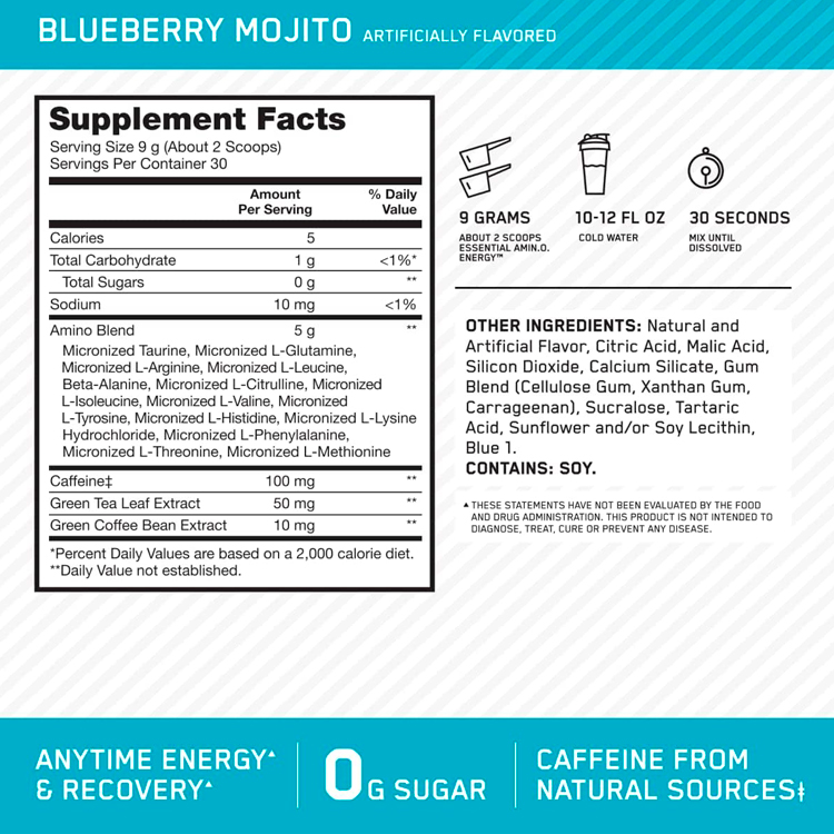 Aminoacizi Optimum Nutrition Essential Amino Energy Blueberry Mojito 270g photo 3