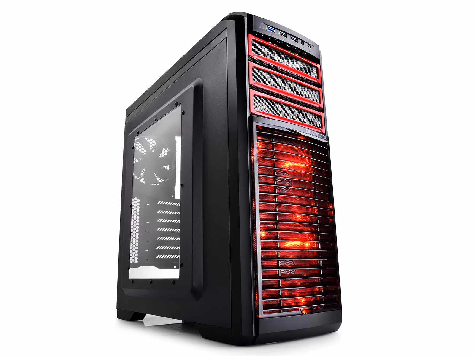DEEPCOOL "KENDOMEN RD" ATX Case, with Side-Window, without PSU, Tool-less, 5 fans pre-installed (2x 120mm Red LED fan and 3x 120mm black fan), Fan-speed adjusting switch, Bottom mounted PSU, 1xUSB3.0, 2xUSB2.0 /Audio, Black/Red 