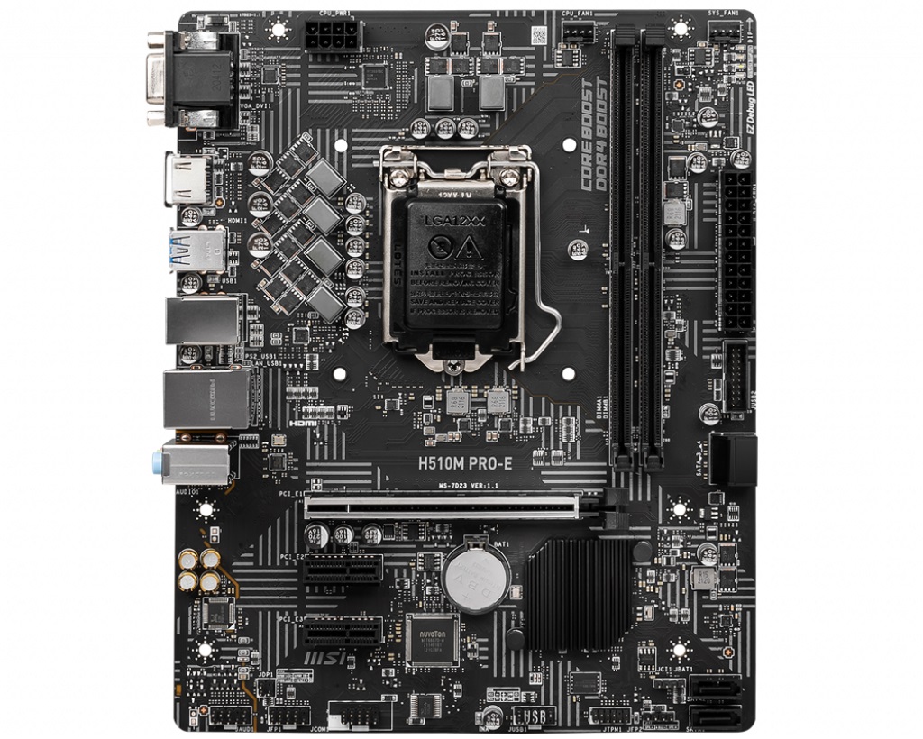 MSI H510M PRO-E, Socket 1200, Intel® H510 (11/10th Gen CPU), Dual 2xDDR4-3200, CPU Intel graphics, VGA, HDMI, 1xPCIe X16 4.0, 4xSATA3, 2xPCIe X1, ALC897 HDA 7.1, GbE LAN, 4xUSB3.2, mATX photo 1