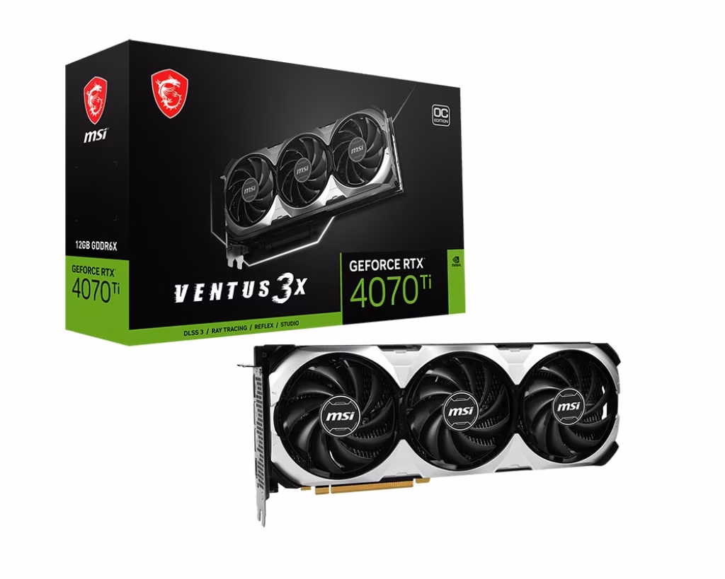 MSI GeForce RTX 4070 Ti VENTUS 3X 12G OC / 12GB GDDR6X 192Bit 2640/21000Mhz, Ada Lovelace/ DLSS3, PCIeX16 4.0, 1xHDMI, 3xDP, TRIPLE FanThermal Design: TORX Fan 4.0/Zero Frozr/Core Pipe/Cooper Baseplate/Fin+AirflowControl, Double Ball Bearing, Metal Backpl 