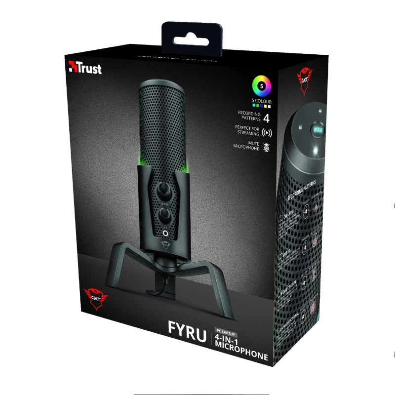 Trust Gaming GXT 258 Fyru USB 4-in-1 Streaming Microphone, Digital USB connection, 4 recording patterns: cardioid, bidirectional, stereo and omnidirectional for optimised audio recordings in any situation, Adjustable LED lighting in 5 colours, 1.8m