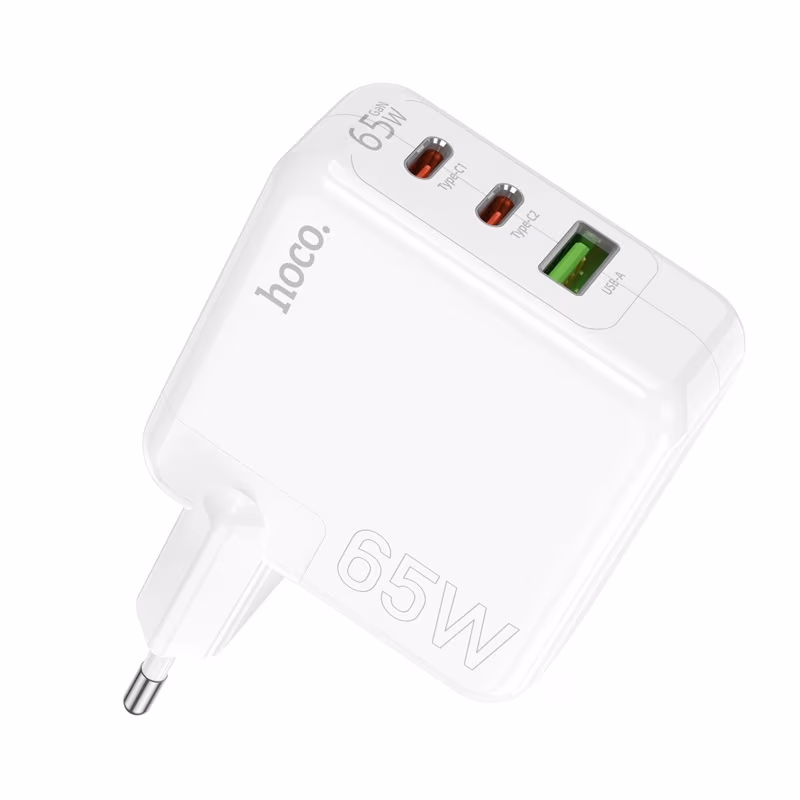 USB Charger  HOCO C115A Header Three-port, 2 x USB-C + 1 x USB, USB-C 1/2: up to 65W, USB-A: up to 18W, up to PD65W / QC3.0, GaN, White 