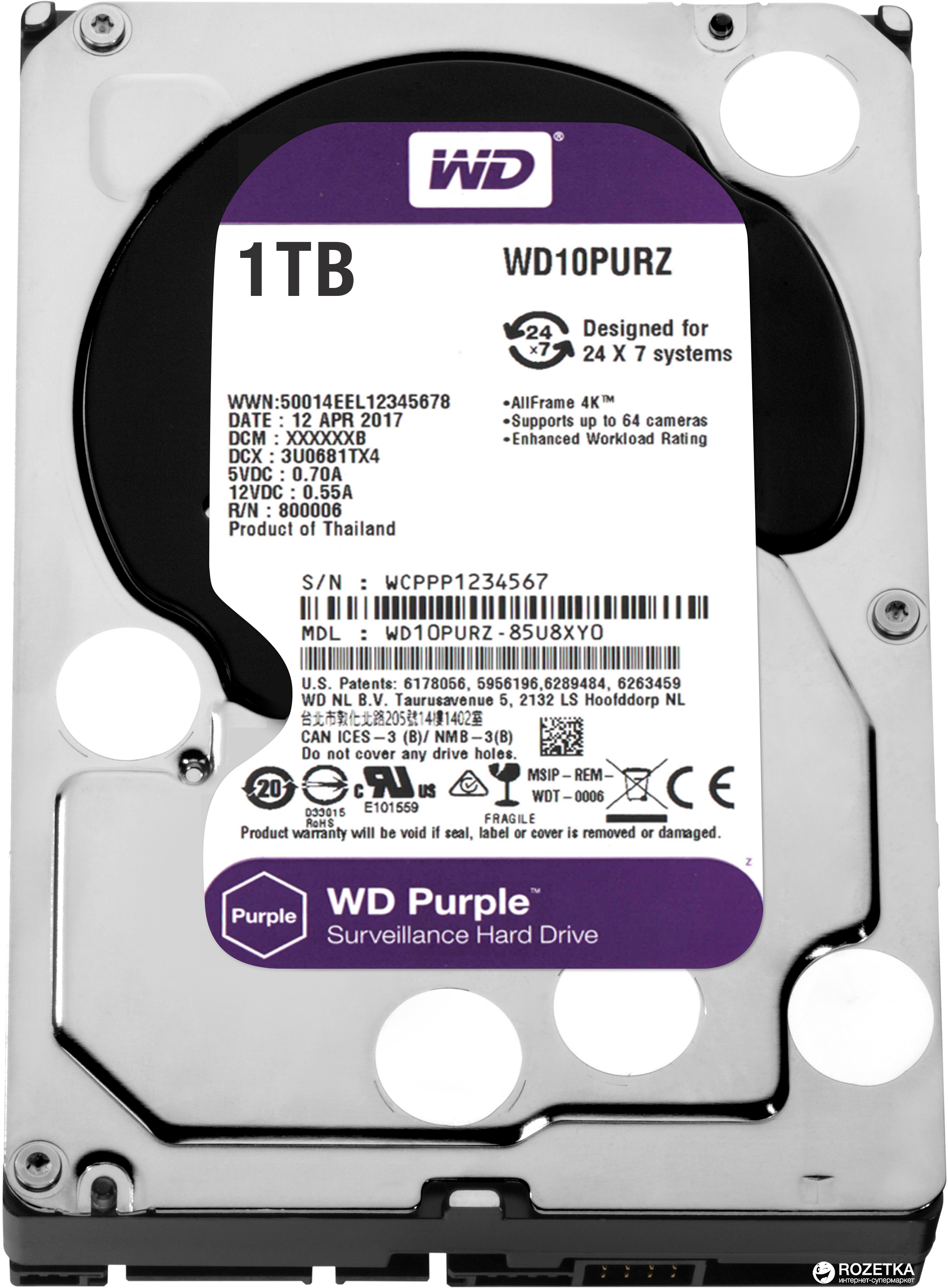 3.5" HDD 1.0TB  Western Digital WD10PURZ Caviar® Purple™, CMR Drive, IntelliPower, 64MB, SATAIII photo 1