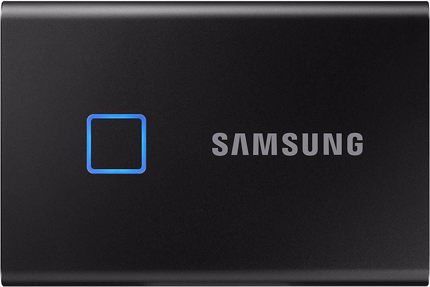 M.2 External SSD 500GB Samsung T7 Touch USB 3.2, Black, USB-C, Fingerprint Security, Includes USB-C to A / USB-C to C cables, Sequential Read/Write: up to 1050/1000 MB/s, V-NAND (TLC), Windows/Mac/PS4/Xbox One compatible, Light, Portable, Durable 