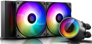 DEEPCOOL Liquid Cooler "CASTLE 240RGB V2", Anti-leak Tech, LGA2066/2011-v3/2011/LGA1200/1151/1150/115 &TRX4/TR4/AM4/AM3+/AM3/AM2+/AM2/FM2+/FM2/FM1, 2x TF120 fan, RGB , fans: 500~1800rpm, pump: 2550rpm, 17.8~30dBA, 69.34CFM, 4-pin PWM thumbnav 1