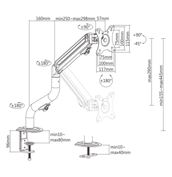 Arm for 1 monitor 17”-32” - Gembird MA-DA1-02, Adjustable desk display mounting arm, Gas spring 2-8kg, VESA 75/100, arm rotates, extends and retracts, tilts to change reading angles, and allows to rotate display from landscape-to-portrait mode photo 2