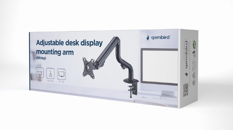 Arm for 1 monitor 17”-32” - Gembird MA-DA1-02, Adjustable desk display mounting arm, Gas spring 2-8kg, VESA 75/100, arm rotates, extends and retracts, tilts to change reading angles, and allows to rotate display from landscape-to-portrait mode photo 3