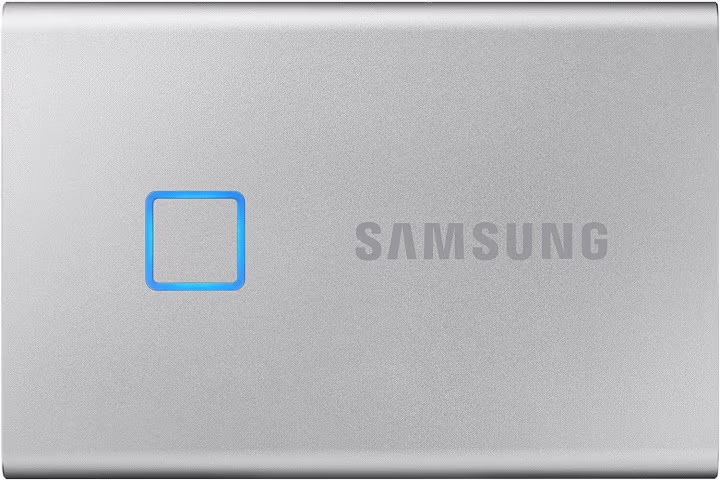M.2 External SSD 500GB Samsung T7 Touch USB 3.2, Silver, USB-C, Fingerprint Security, Includes USB-C to A / USB-C to C cables, Sequential Read/Write: up to 1050/1000 MB/s, V-NAND (TLC), Windows/Mac/PS4/Xbox One compatible, Light, Portable, Durable 