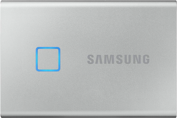 M.2 External SSD 500GB Samsung T7 Touch USB 3.2, Silver, USB-C, Fingerprint Security, Includes USB-C to A / USB-C to C cables, Sequential Read/Write: up to 1050/1000 MB/s, V-NAND (TLC), Windows/Mac/PS4/Xbox One compatible, Light, Portable, Durable