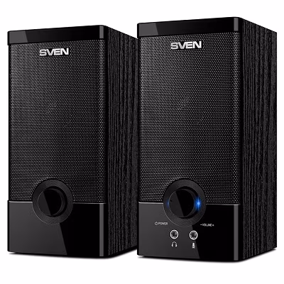 SVEN SPS-603 Black,  2.0 / 2x3W RMS, USB power supply, headphone and microphone jack, wooden,  2.1