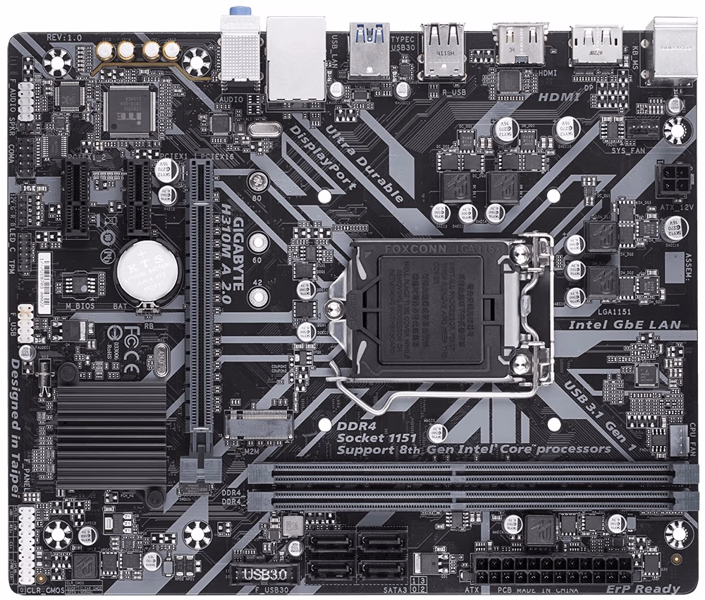 GIGABYTE H310M A 2.0, Socket 1151, Intel® H310 (9th/8th Gen CPU), Dual 2xDDR4-2666, CPU Intel graphics, DP, HDMI, 1xPCIe X16, 4xSATA3, 1xM.2 Slot, 2xPCIe X1, ALC887 HDA, GbE LAN, 1xUSB 3.1 TypeC, 3xUSB3.1, RGB LED, mATX 