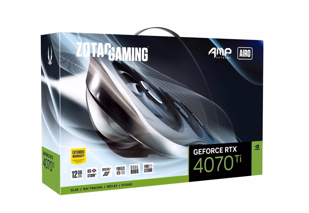 ZOTAC GeForce RTX 4070 Ti AMP Extreme AIRO 12GB GDDR6X, 192bit, 2700/21000Mhz, Ada Lovelace/DLSS3, PCIeX16 4.0, 1xHDMI, 3xDP, Aerodynamic Design, Triple Fan/ IceStorm 2.0, Active Fan Control/FREEZE Fan Stop/Composite Heatpipes, SPECTRA 2.0 RGB, Metal Back