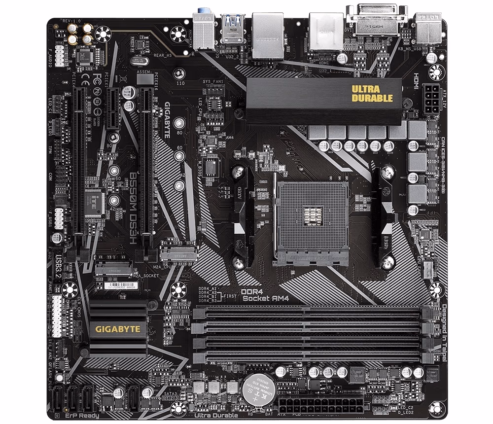 GIGABYTE B550M DS3H, Socket AM4, AMD B550, Dual 4xDDR4-4733, APU AMD graphics, DVI, HDMI, 2xPCIe4.0 X16, 4xSATA3, RAID, 2xM.2PCIe 4.0, 1xPCIeX1, ALC887 HDA, GbE LAN, 6xUSB3.2, RGB Fusion 2.0, mATX 