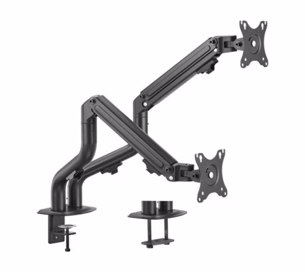 Arm for 2 monitors 17”-32” - Gembird MA-DA2-02, Steel (1.35 mm), Gas spring 2-8 kg per screen, VESA 75/100, arm rotates, extends and retracts, tilts to change reading angles, and allows to rotate display from landscape-to-portrait mode 