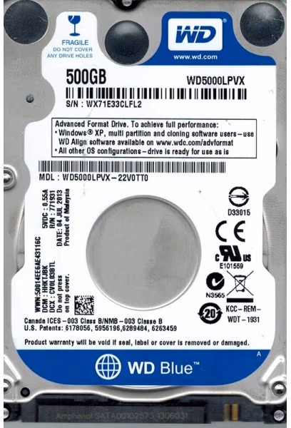 2.5" HDD 500GB  Western Digital WD5000LPVX, Blue™, 5400rpm, 8MB, 7mm, SATAIII, NP 