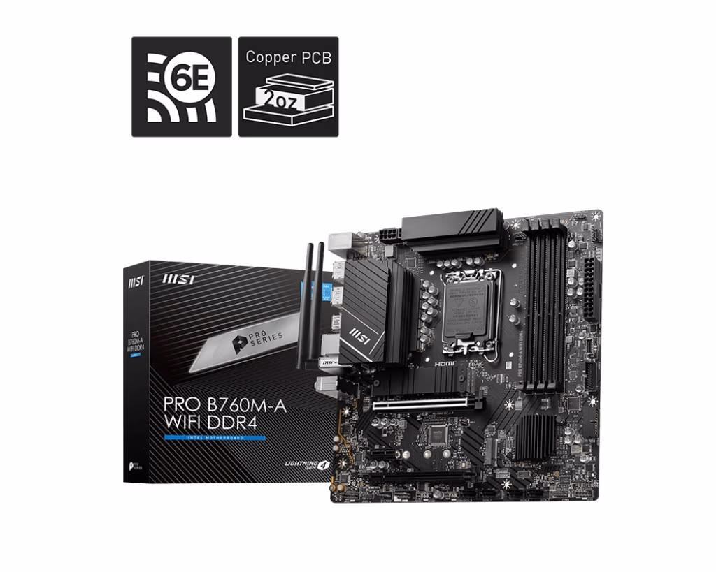MSI PRO B760M-A WIFI DDR4, Socket 1700, Intel® B760 (13/12th Gen CPU), CPU graphics, 2xHDMI, 2xDP, Dual 4xDDR4-5333, 2xPCIe X16 4.0, 4xSATA3, RAID, 2xM.2 4.0, 1xPCIe X1, ALC897 7.1 HDA, 1x2.5GbE LAN, WiFi6E/BT, 1xUSB-C 3.2, 2xUSB3.2Gen2, 6xUSB3.2, RGB Mys 