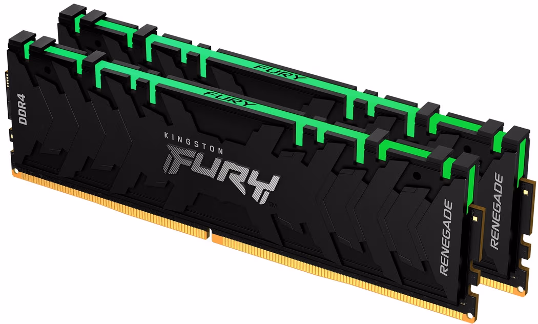 64GB (Kit of 2*32GB) DDR4-3200  Kingston FURY® Renegade DDR4 RGB, PC25600, CL16, 1.35V, Symmetric BLACK Large heat spreader, Dynamic RGB effects featuring Kingston FURY Infrared Sync technology, Intel XMP Ready (Extreme Memory Profiles)