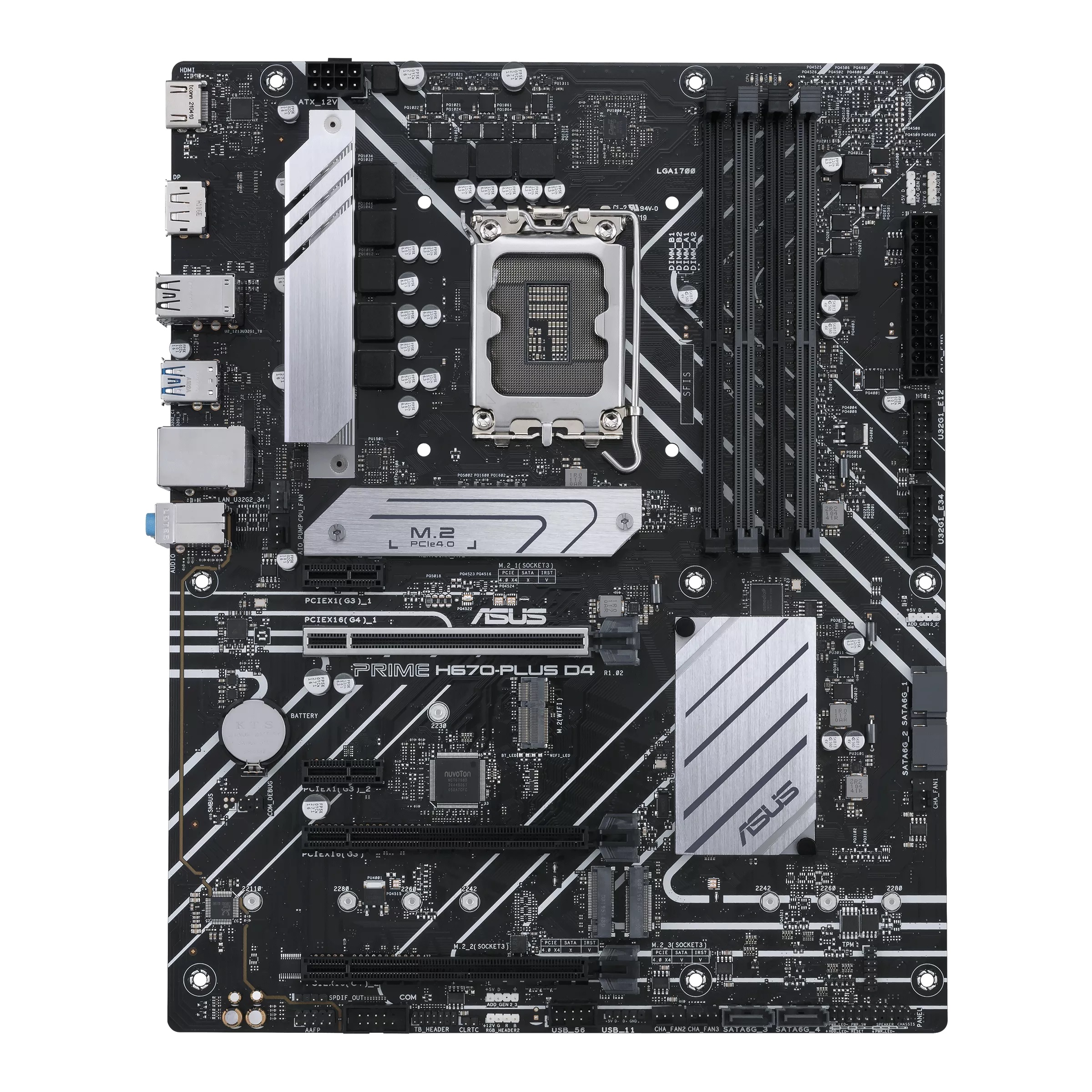 ASUS PRIME H670-PLUS D4, Socket 1700, 8Phases, Intel® H670 (13/12th Gen CPU), CPU graphics, HDMI, DP, Dual 4xDDR4-5066, 3xPCIe x16 4.0, 4xSATA3, RAID, 3xM.2 4.0, 1xV-M.2 (Key E), 2xPCIe x1, Realtek Audio 7.1, 2.5GbE LAN, 1xUSB-C 3.2 Gen2, 2xUSB 3.2Gen2, 7 photo 1