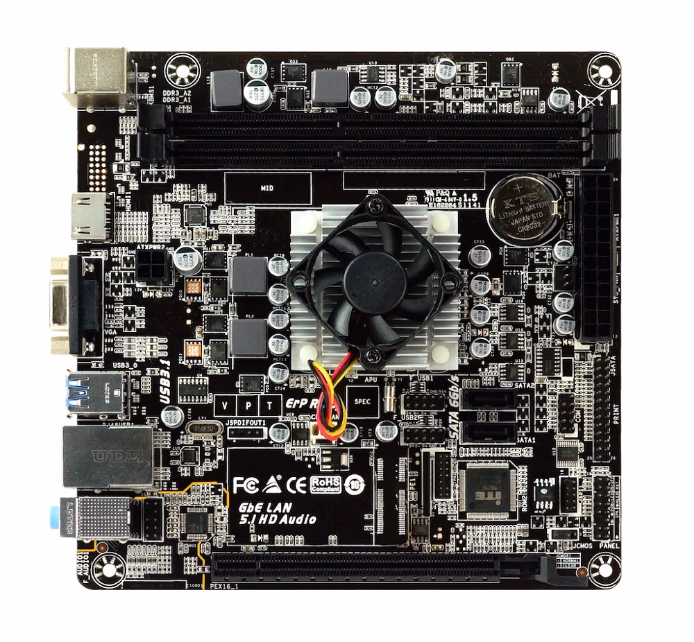 BIOSTAR A68N-5600E, MB + CPU onboard: Quad-core AMD A4-3350B (2.0-2.4GHz), 2xDDR3-1600, AMD Radeon R4 Graphics, support HDCP, VGA, HDMI, 1x PCI-Ex16, 2xSATA3, RAID, COM Header, ALC887 5.1-Ch HD A, GbE LAN, 2xUSB3.1 Gen 1, mini-ITX 