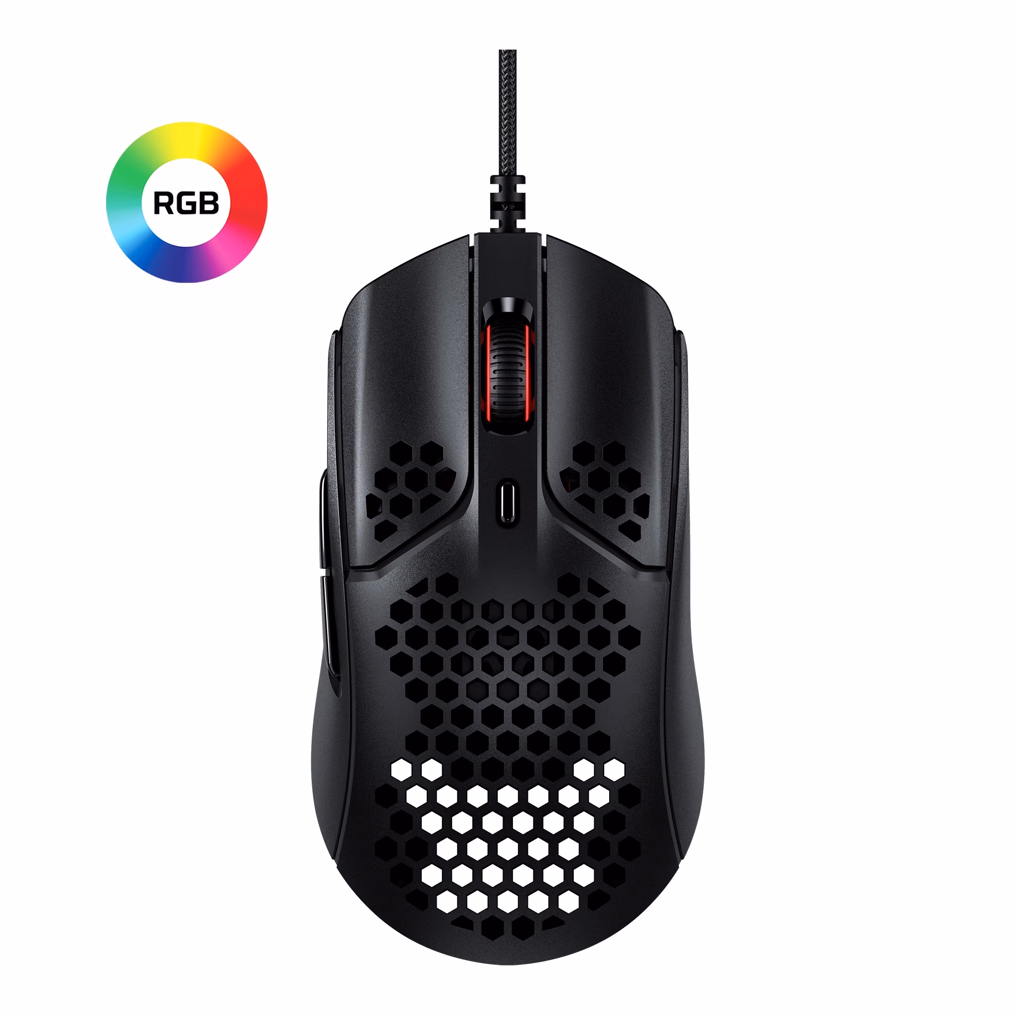 HYPERX Pulsefire Haste Gaming Mouse, Black, Ultra-light hex shell design, 400–16000 DPI, 4 DPI presets, Pixart PAW3335 Sensor, Split-button design for extra responsiveness, Per-LED RGB lighting, USB, 80g