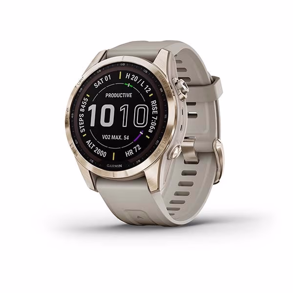 Garmin Fenix 7S Sapphire Solar Cream Gold Titanium with Light Sand Band 
