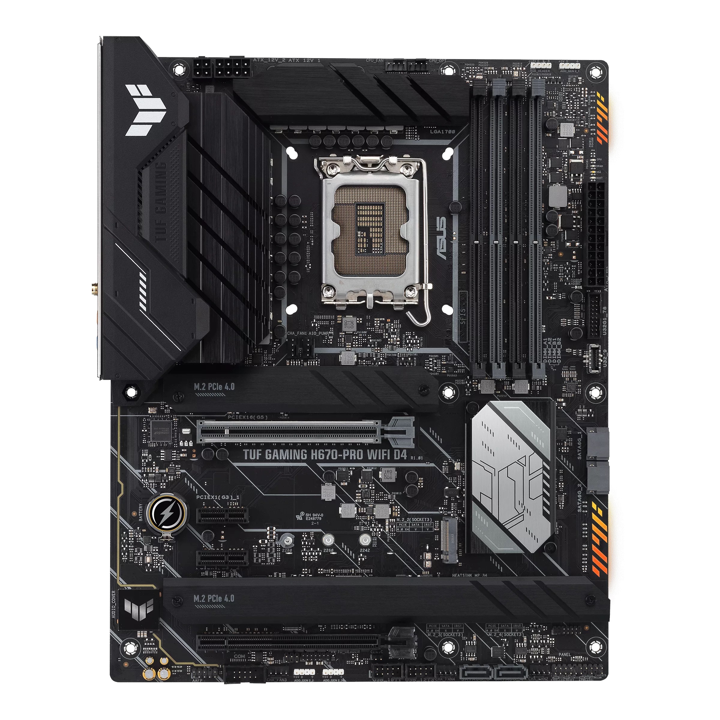 ASUS TUF GAMING H670-PRO WIFI D4, Socket 1700, 15Phases, Intel® H670 (14/13/12th Gen CPU), CPU iGPU, HDMI, DP, Dual 4xDDR4-5333, 2xPCIe x16 5.0, 4xSATA3, RAID, 4xM.2 4.0, 2xPCIe x1, Realtek HDA 7.1, 2.5GbE LAN, WiFi6/BT5.2, 1xUSB-C 3.2Gen2x2, 2xUSB 3.2Gen photo 1