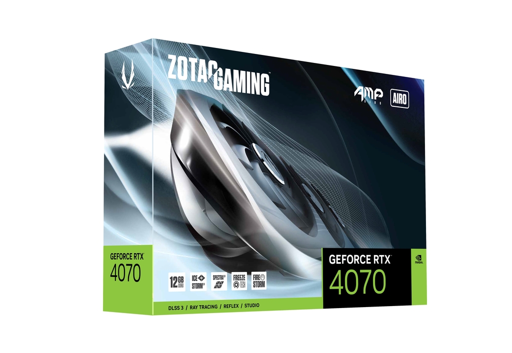 ZOTAC GeForce RTX 4070 AMP AIRO 12GB GDDR6X, 192bit, 2535/21000Mhz, Ada Lovelace/DLSS3, PCIeX16 4.0, 1xHDMI, 3xDP, AIR Optimized design, Triple Fan / IceStorm 2.0, Active Fan Control/FREEZE Fan Stop, SPECTRA RGB 2.0, Metal Backplate, GPU bracket, 1x 12VHP photo 1