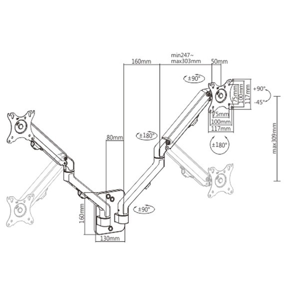 Monitor wall mount arm for 2 monitors up to 17-27”  Gembird MA-WA2-01, Adjustable wall 2 display mounting arm (rotate, tilt, swivel),  VESA 75/100, up to 7 kg, black photo 2