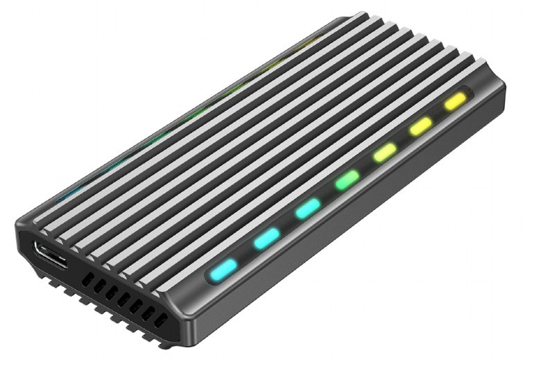 USB enclosure for M.2 NVMe drives, USB 3.1 gen 2 (10 Gbps), RGB LED backlight, aluminum, support: M.2 of 22 mm 2230, 2242, 2262, 2280, SATA and NVMe; M-, B-, M+B key, 0.20m cable USB-C/A photo 1