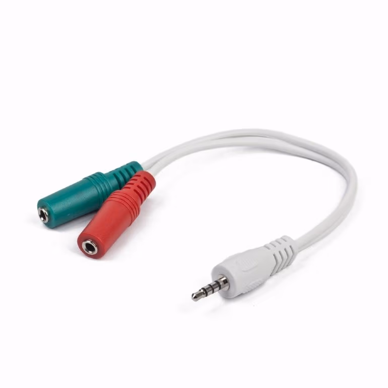 Audio cable CCA-417W, 3.5mm 4-pin plug to 3.5mm stereo + microphone sockets adapter cable; allows connecting standard headsets and microphones to tablets, netbooks, ultrabooks etc.; white