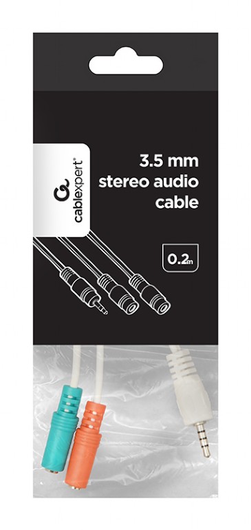 Audio cable CCA-417W, 3.5mm 4-pin plug to 3.5mm stereo + microphone sockets adapter cable; allows connecting standard headsets and microphones to tablets, netbooks, ultrabooks etc.; white photo 2