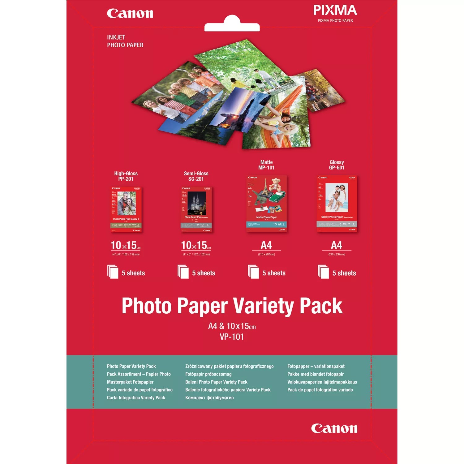 Paper Canon Variety Pack VP-101, A4 (210x297mm) & 4"x6" (102x152mm), Set: Matte MP-101-1pcs (A4 of 5 sheets) & Glossy GP-501-1pcs (A4 of 5 sheets) & High-Gloss PP-201 - 1pcs (10x15cm of 5 sheets) & Semi-Gloss SG-201-1pcs (10x15cm of 5 sheets) photo 1 Paper Canon Variety Pack VP-101, A4 (210x297mm) & 4"x6" (102x152mm), Set: Matte MP-101-1pcs (A4 of 5 sheets) & Glossy GP-501-1pcs (A4 of 5 sheets) & High-Gloss PP-201 - 1pcs (10x15cm of 5 sheets) & Semi-Gloss SG-201-1pcs (10x15cm of 5 sheets) photo 1