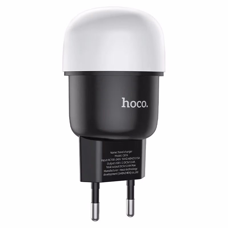 Зарядное устройство Sparkle Dual Port Night light  HOCO C87A / 2 x USB / Black 