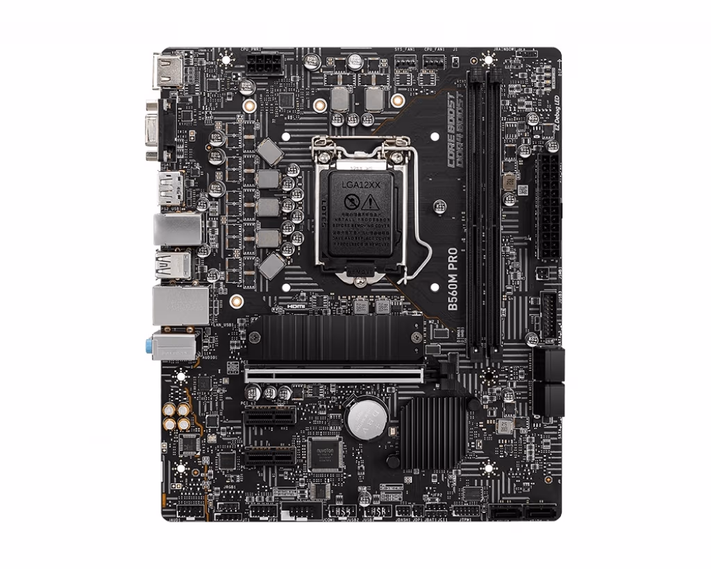 MSI B560M PRO, Socket 1200, Intel® B560 (11/10th Gen CPU), Dual 2xDDR4-5200, CPU Intel graphics, VGA, HDMI, DP, 1xPCIe X16 4.0, 6xSATA3, 1xM.2 slot, 2xPCIeX1, ALC897 HDA, 1x2.5GbE LAN, 6xUSB3.2, RGB Led, mATX 