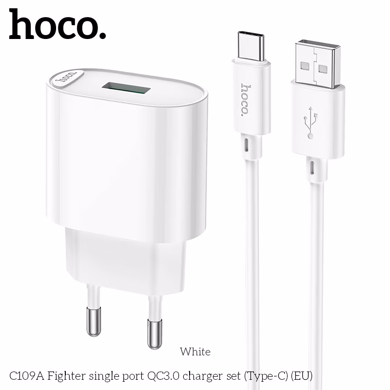 USB Charger HOCO C109A Safe Charger Set, Single port, 1 x USB, USB to USB-C 1m cable included, USB: 18W, up to QC3.0, White 