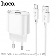 USB Charger HOCO C109A Safe Charger Set, Single port, 1 x USB, USB to USB-C 1m cable included, USB: 18W, up to QC3.0, White