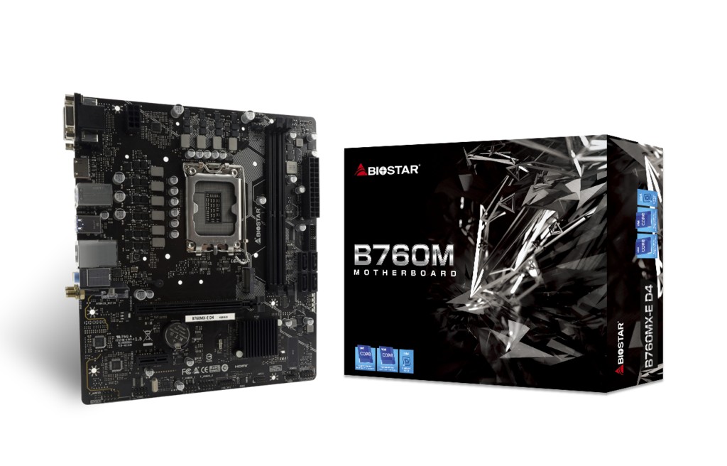 BIOSTAR B760MX-E D4, Socket 1700, Intel® B760 (14/13/12th Gen CPU), CPU graphics, VGA, DVI, HDMI, Dual 2xDDR4-4400, 1xPCIe X16 4.0, 4xSATA3, RAID, 1xM.2 4.0, 1xM.2 E-key for Wi-Fi, 1xPCIe X1, ALC897 HDA, 1xGbE LAN, 4xUSB3.2, mATX photo 1