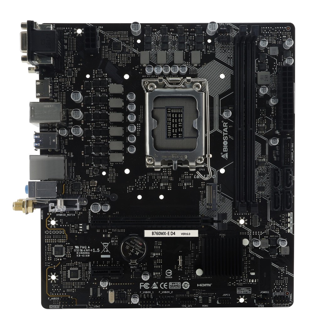 BIOSTAR B760MX-E D4, Socket 1700, Intel® B760 (14/13/12th Gen CPU), CPU graphics, VGA, DVI, HDMI, Dual 2xDDR4-4400, 1xPCIe X16 4.0, 4xSATA3, RAID, 1xM.2 4.0, 1xM.2 E-key for Wi-Fi, 1xPCIe X1, ALC897 HDA, 1xGbE LAN, 4xUSB3.2, mATX photo 2