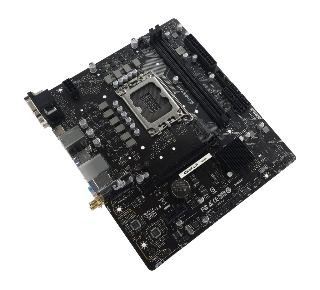 BIOSTAR B760MX-E D4, Socket 1700, Intel® B760 (14/13/12th Gen CPU), CPU graphics, VGA, DVI, HDMI, Dual 2xDDR4-4400, 1xPCIe X16 4.0, 4xSATA3, RAID, 1xM.2 4.0, 1xM.2 E-key for Wi-Fi, 1xPCIe X1, ALC897 HDA, 1xGbE LAN, 4xUSB3.2, mATX photo 3