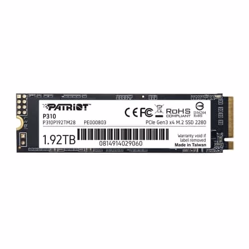 M.2 NVMe SSD 1.92TB Patriot P310, Interface: PCIe3.0 x4 / NVMe 1.3, M2 Type 2280 form factor, Sequential Read 2100 MB/s, Sequential Write 1800 MB/s, Random Read 280K IOPS, Random Write 250K IOPS, SmartECC technology, EtE data path protection, TBW: 960TB, 