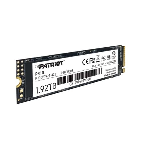 M.2 NVMe SSD 1.92TB Patriot P310, Interface: PCIe3.0 x4 / NVMe 1.3, M2 Type 2280 form factor, Sequential Read 2100 MB/s, Sequential Write 1800 MB/s, Random Read 280K IOPS, Random Write 250K IOPS, SmartECC technology, EtE data path protection, TBW: 960TB, 