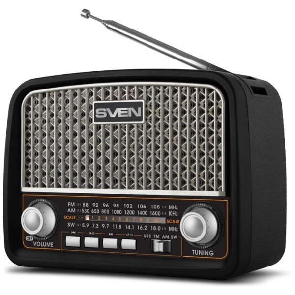 SVEN SRP-555 Black-Silver, FM/AM/SW Radio, 3W RMS, built-in audio files player from USB-fash, microSD and SD card storage devices, telescopic swivel antenna, HEADPHONES JACK ,built-in battery photo 1