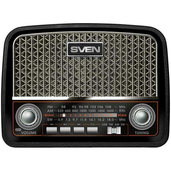 SVEN SRP-555 Black-Silver, FM/AM/SW Radio, 3W RMS, built-in audio files player from USB-fash, microSD and SD card storage devices, telescopic swivel antenna, HEADPHONES JACK ,built-in battery photo 2