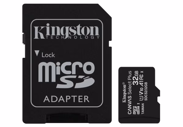 32GB microSD Class10 A1 UHS-I + SD adapter  Kingston Canvas Select Plus, 600x, Up to: 100MB/s 