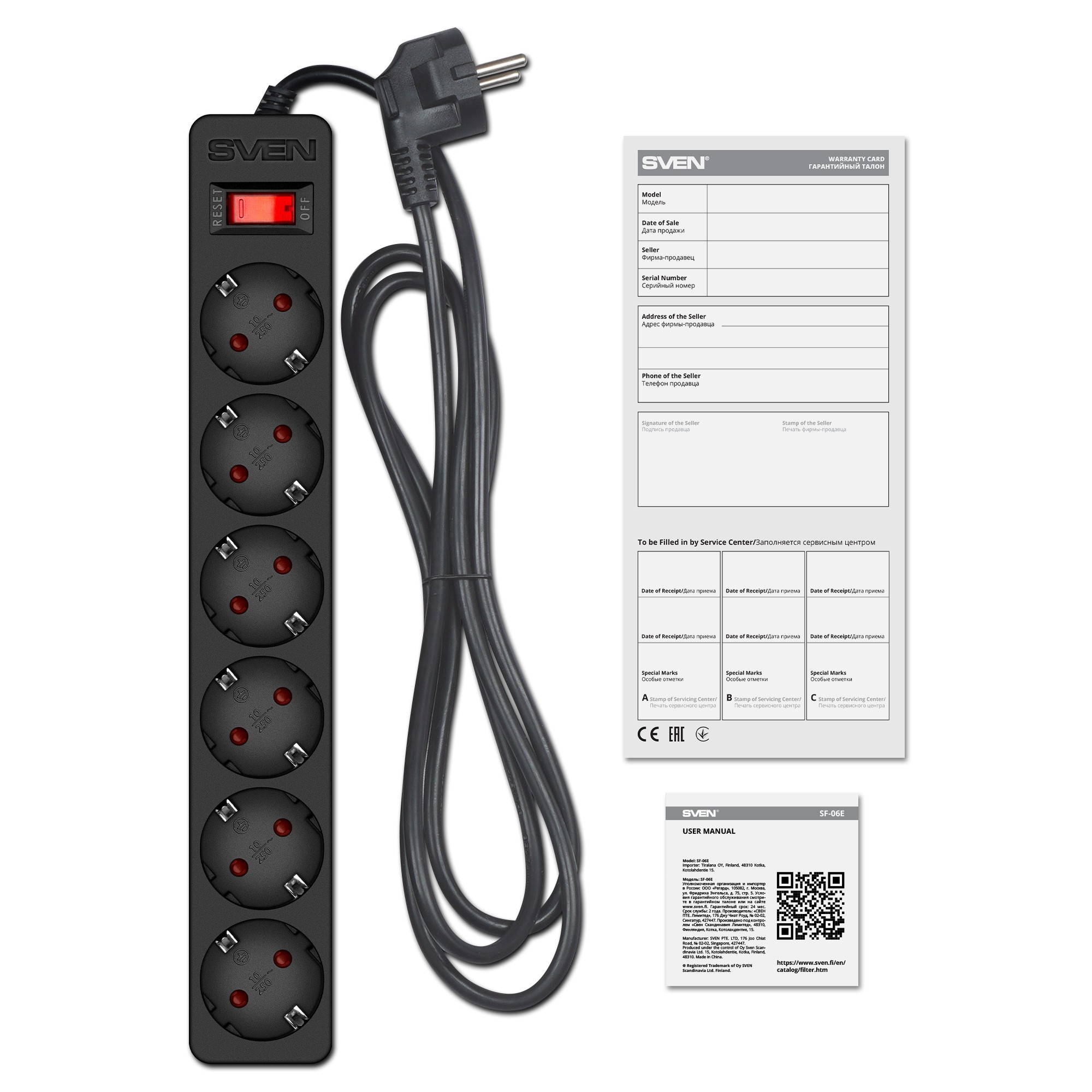 Surge Protector SVEN SF-06E/ 6 Sockets/ 2300W/ 1.8m/ Black photo 4